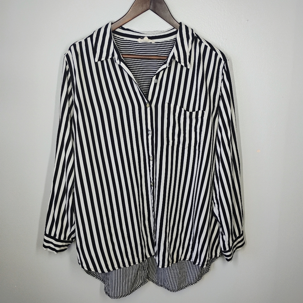 Jane & Delancey‎ Top Womens Plus 1X Black White Contrast Stripes Button Down